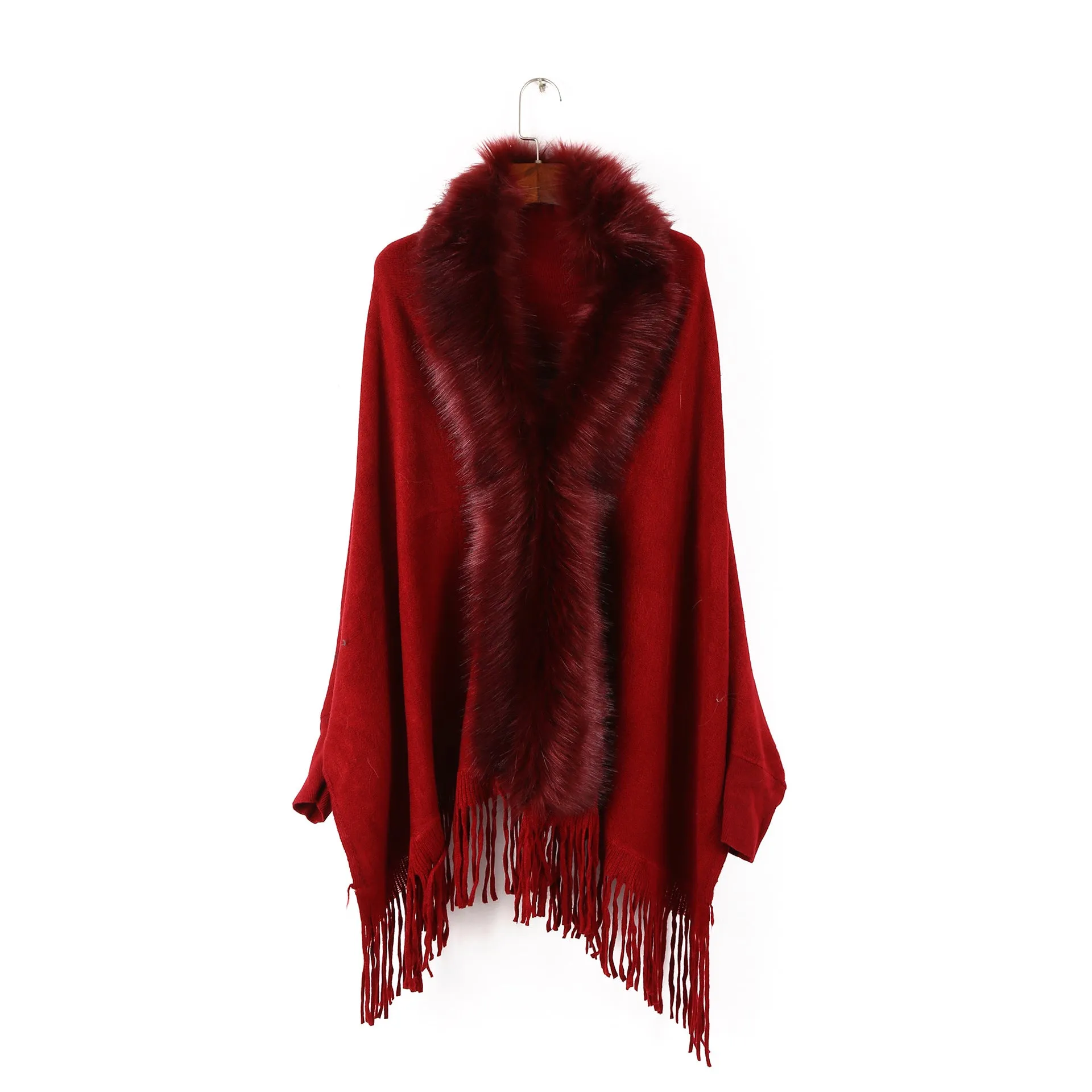 Autumn and winter women's cape cardigan artificial wool solid color with sleeve length tassel hem cloak