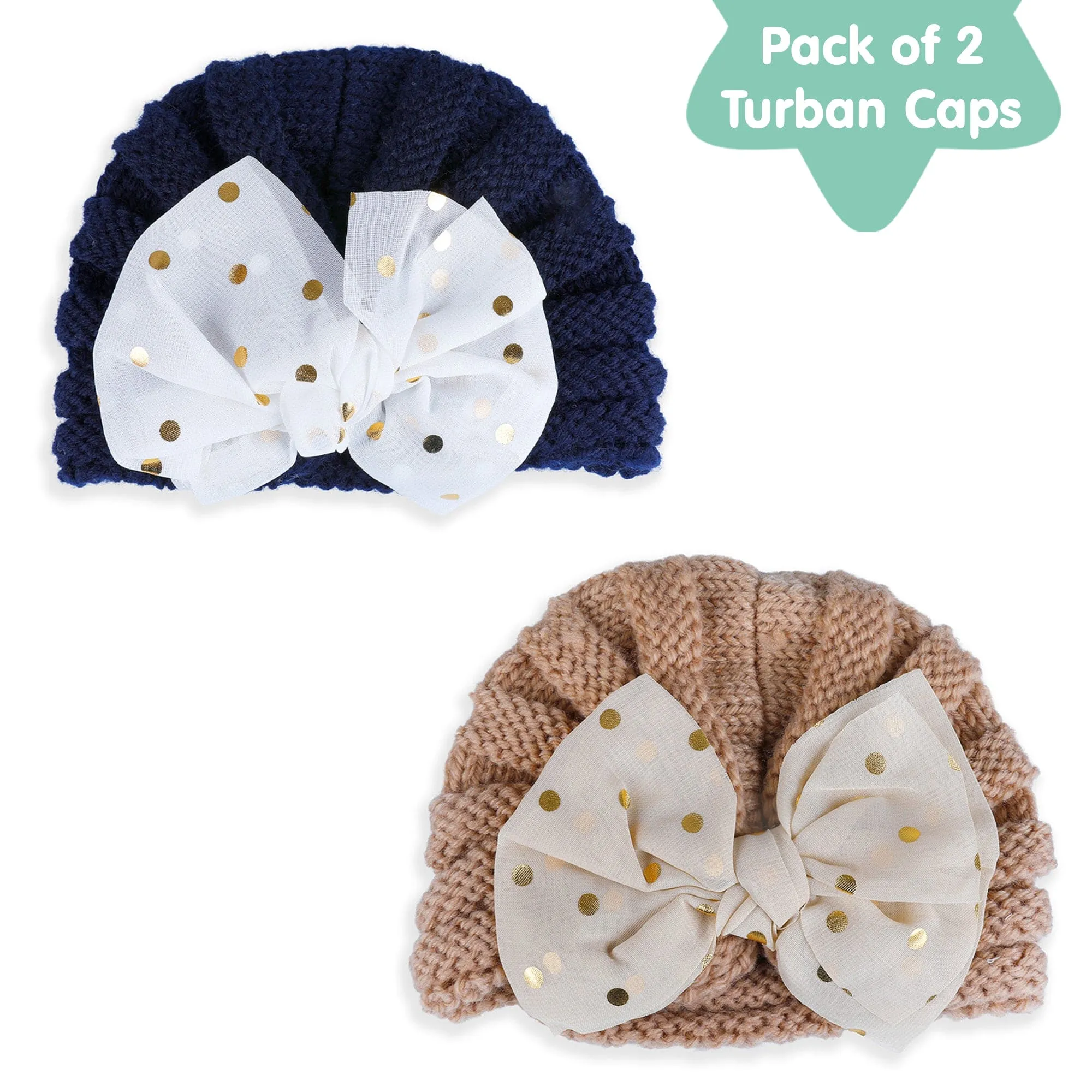 Baby Moo Partywear Sequence Bow 2 Pack Turban Caps - Brown And Navy Blue