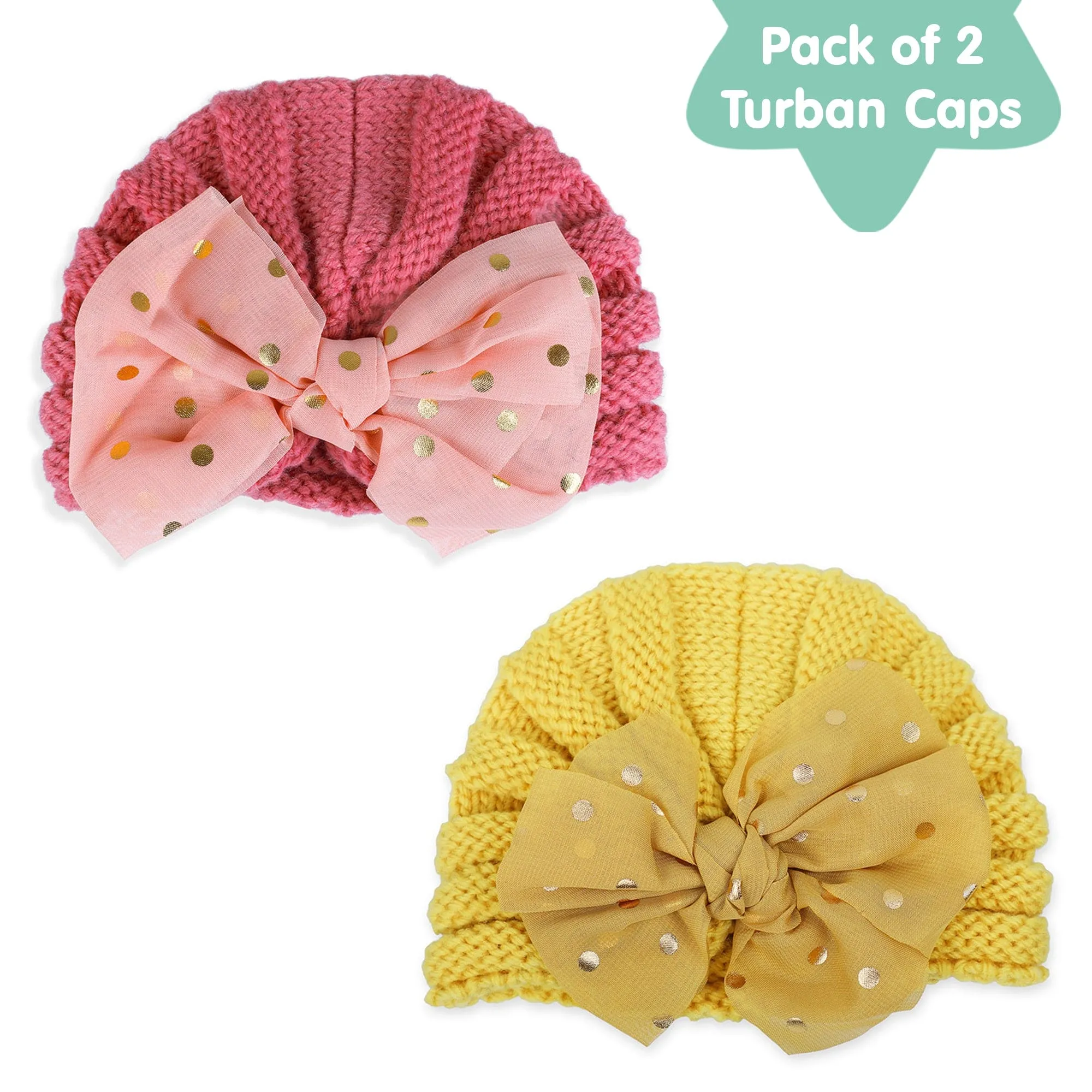 Baby Moo Partywear Sequence Bow 2 Pack Turban Caps - Peach And Yellow