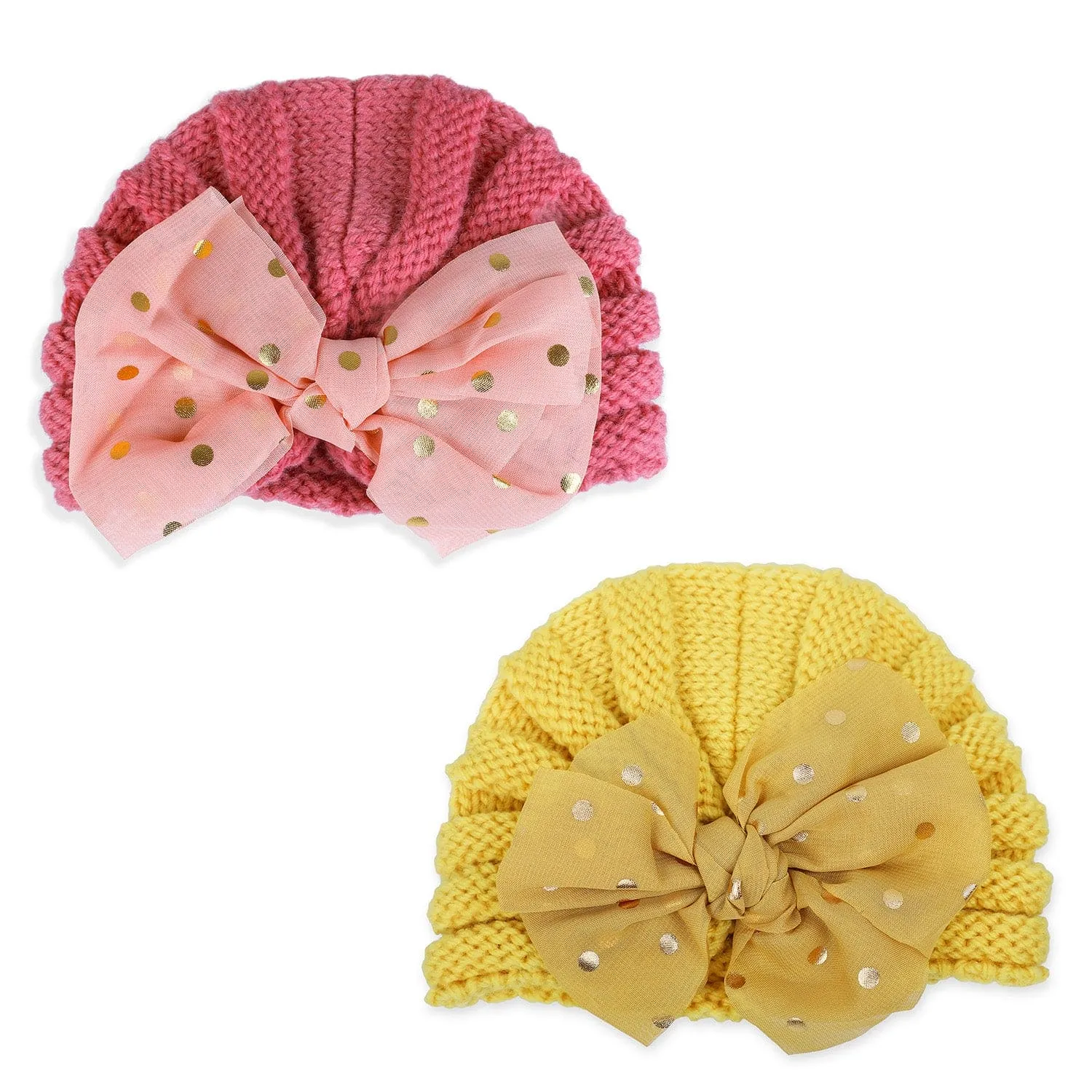 Baby Moo Partywear Sequence Bow 2 Pack Turban Caps - Peach And Yellow