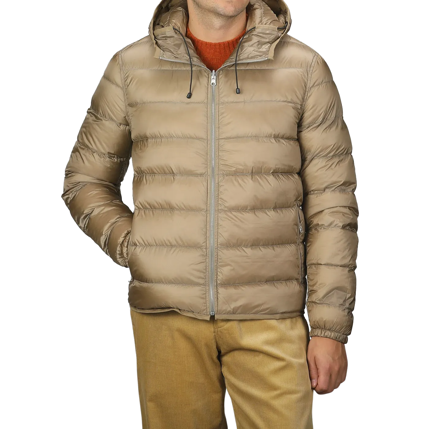 Beige Nylon Down Padded Liner Hood Jacket