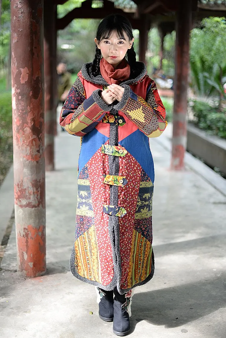 Boho Winter Patchwork Lamb Cashmere Thick Long Cotton Coat