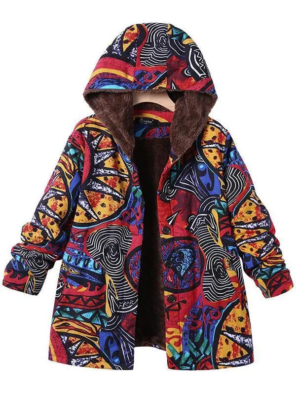 Casual Abstract Pattern Printed Long Sleeve Hoodie Coat