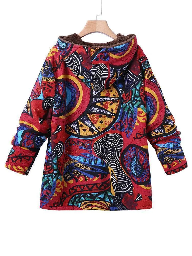 Casual Abstract Pattern Printed Long Sleeve Hoodie Coat