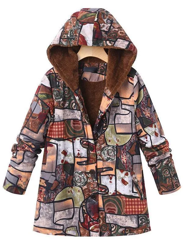 Casual Abstract Pattern Printed Long Sleeve Hoodie Coat