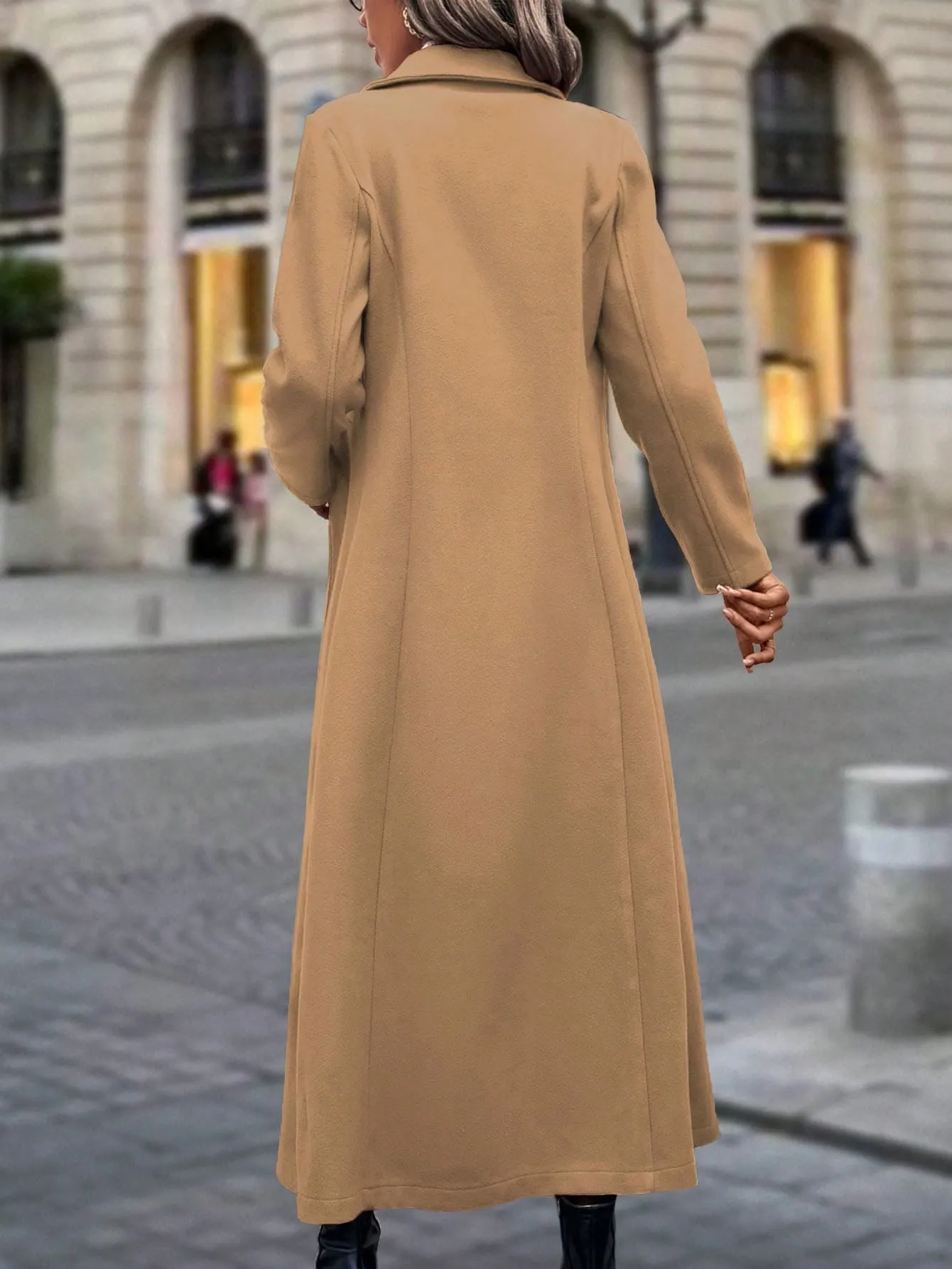 Clasi Long Woolen Coat With Pointed Lapel Collar And Double-breasted Buttons