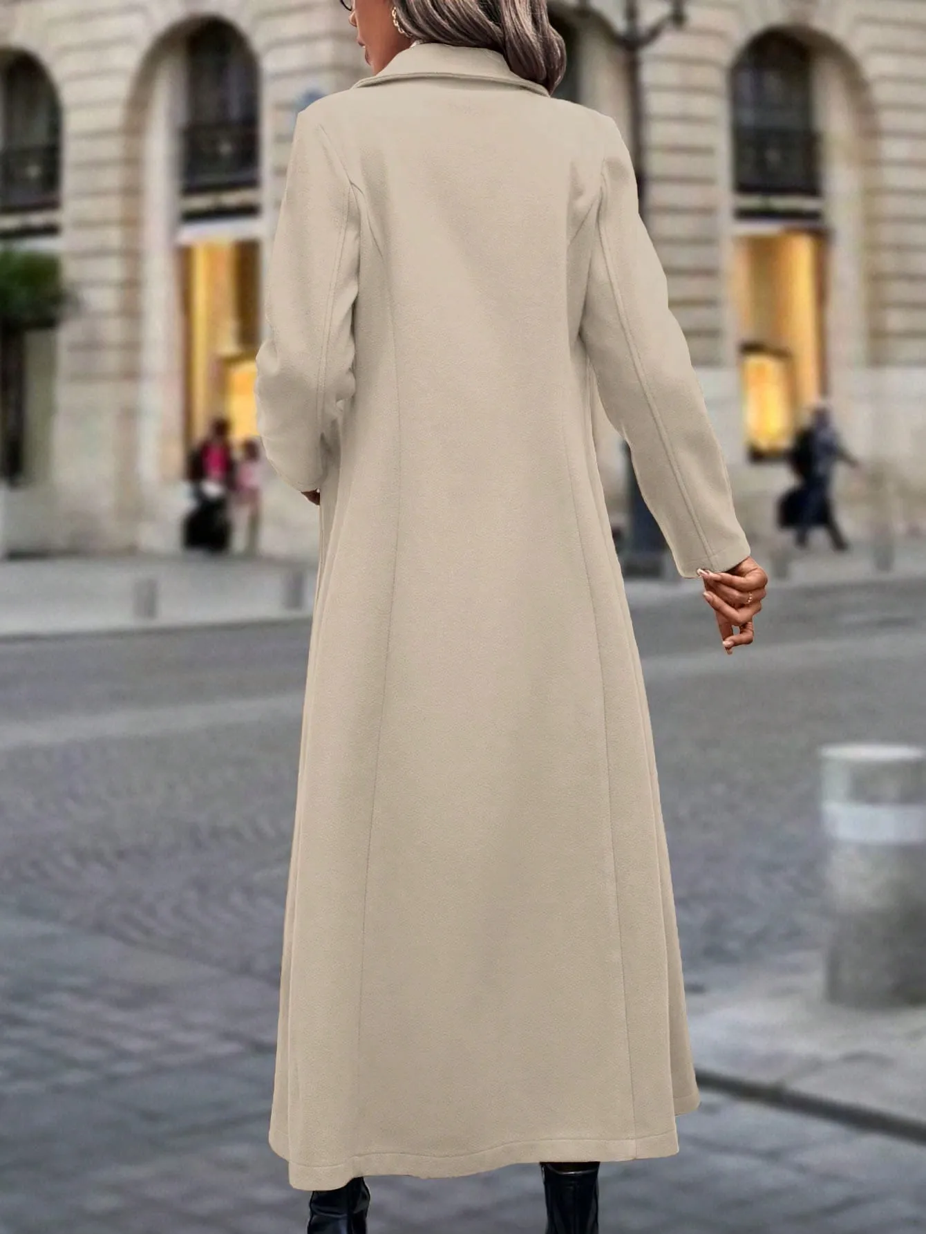 Clasi Long Woolen Coat With Pointed Lapel Collar And Double-breasted Buttons