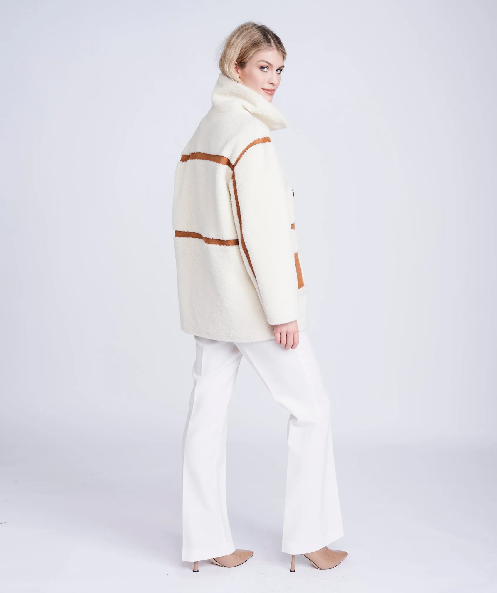 Cream/Tan Borg Coat with Faux Suede Details and Button Closure