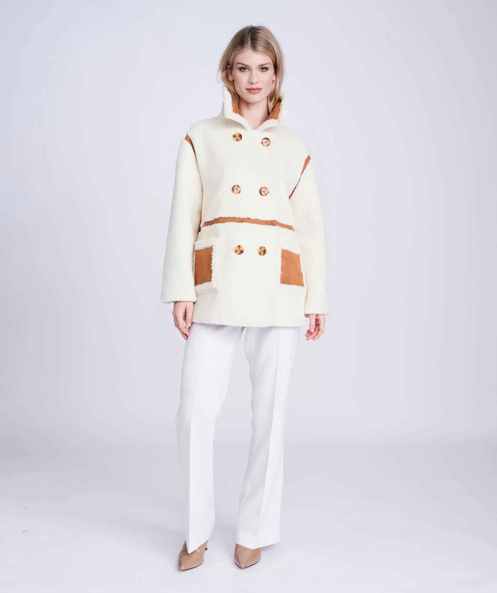 Cream/Tan Borg Coat with Faux Suede Details and Button Closure