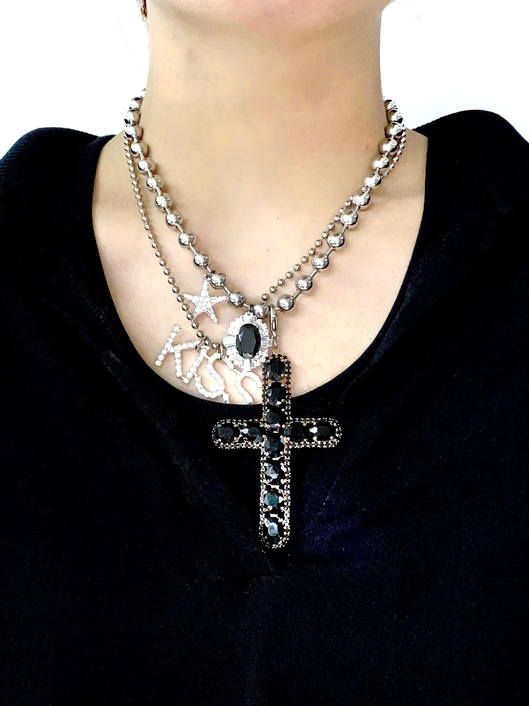 CRYSTAL CROSS EMBELLISHED CHAIN LAYERED NECKLACE