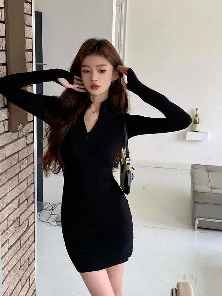 deanwangkt Elegant Fashions Autumn Winter Black Bodycon Dress Women Turtleneck Manners Slim Ribbed Knitted Long Sleeve Mini Dress Vestido