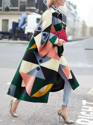 Fashion geometric print color loose wool long coat