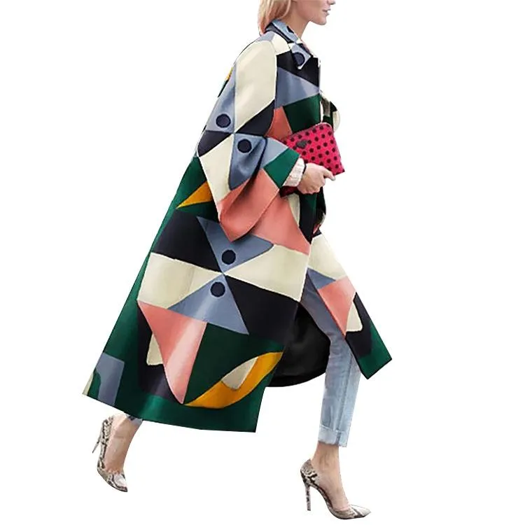 Fashion geometric print color loose wool long coat