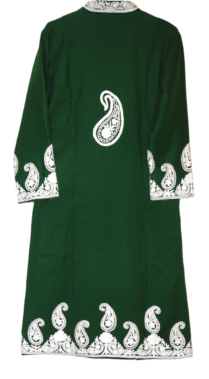 Kashmiri Woolen Coat Long Jacket Green, White Embroidery #AO-173