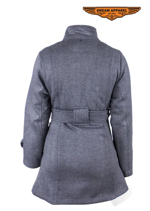 Ladies Dark Grey Button Up Coat W/ Belt and Removable Hood