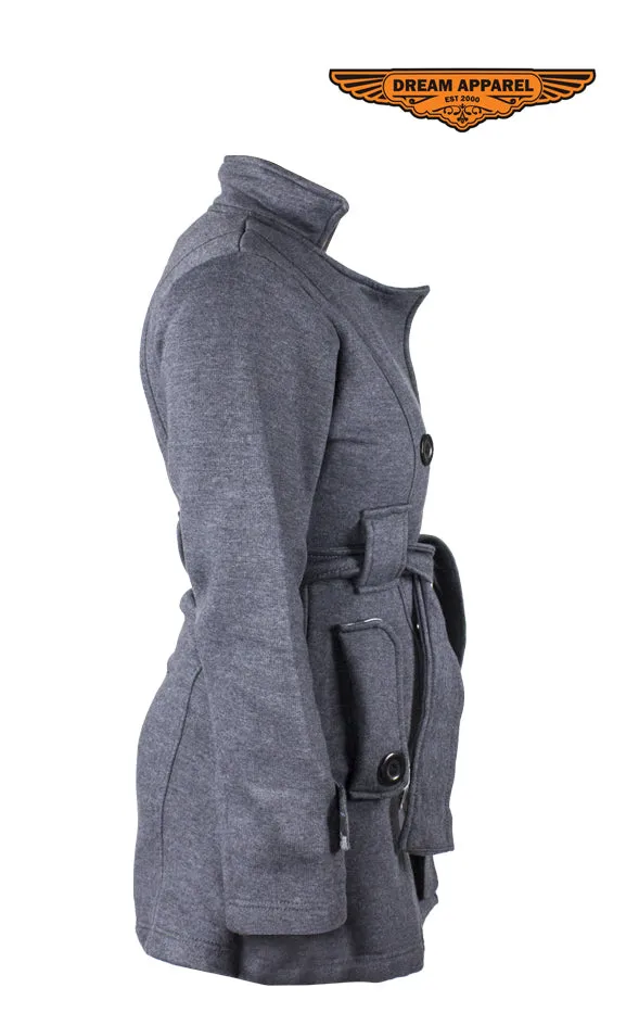 Ladies Dark Grey Button Up Coat W/ Belt and Removable Hood