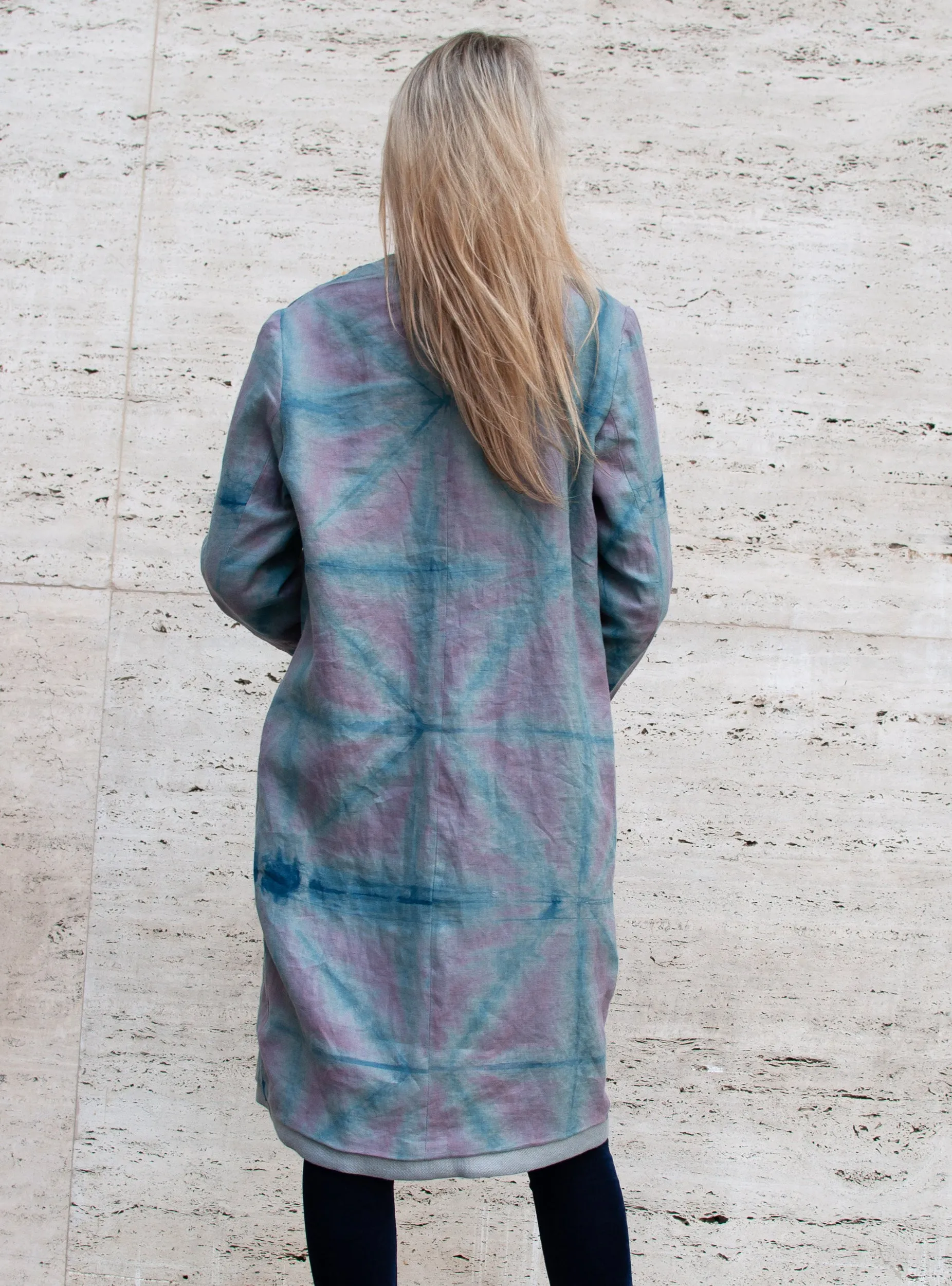 Lena Reversible Linen V-neck Jacket in Silver Grey and Pink Itajime Shibori