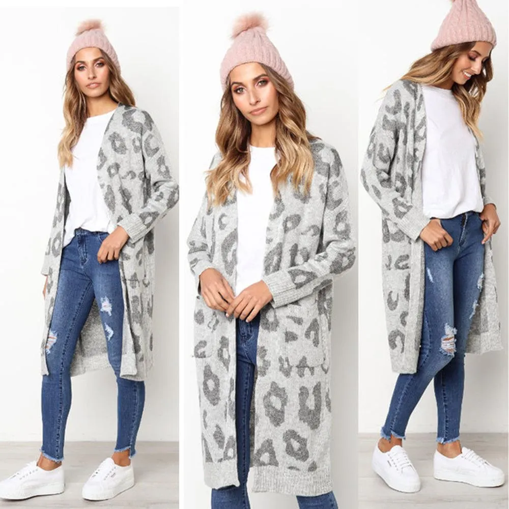 Long Sleeve Leopard Knit Loose Pocket Long Cardigan Coat