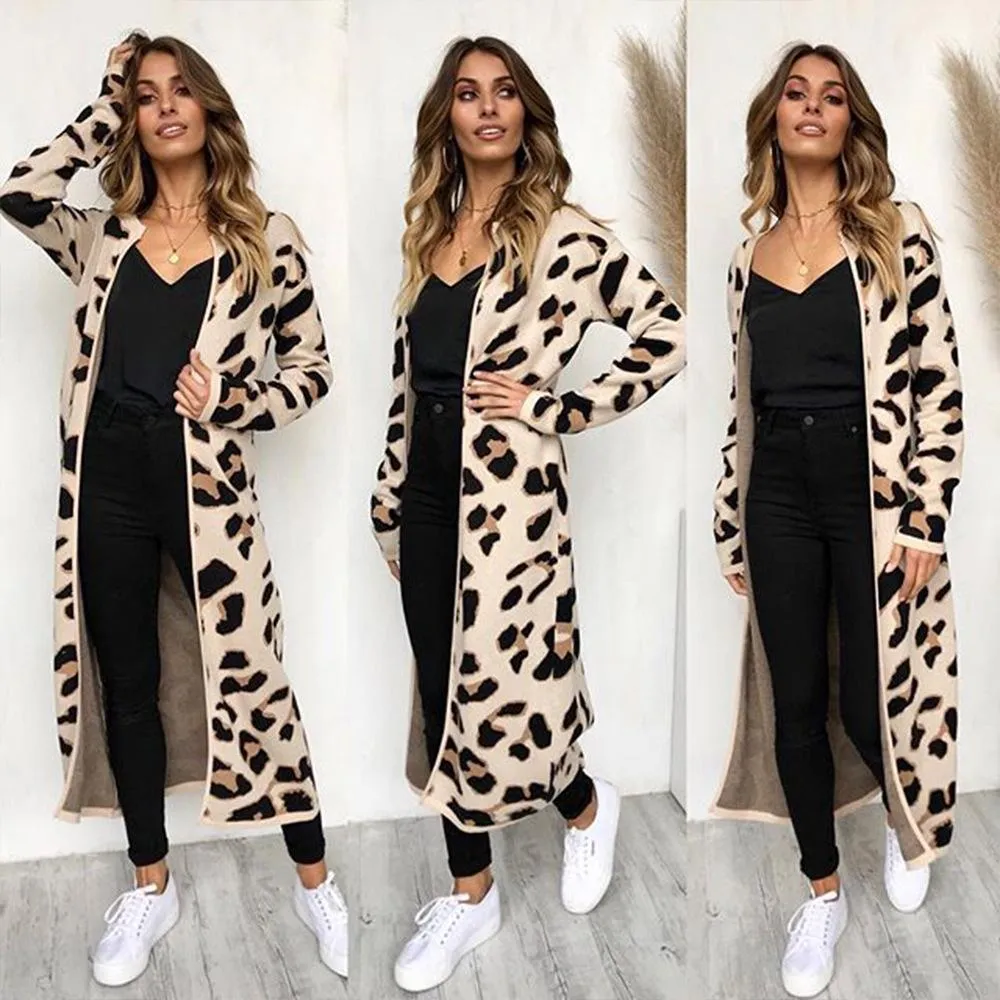 Long Sleeve Leopard Knit Loose Pocket Long Cardigan Coat