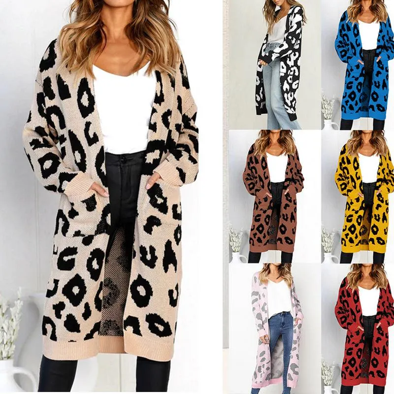 Long Sleeve Leopard Knit Loose Pocket Long Cardigan Coat