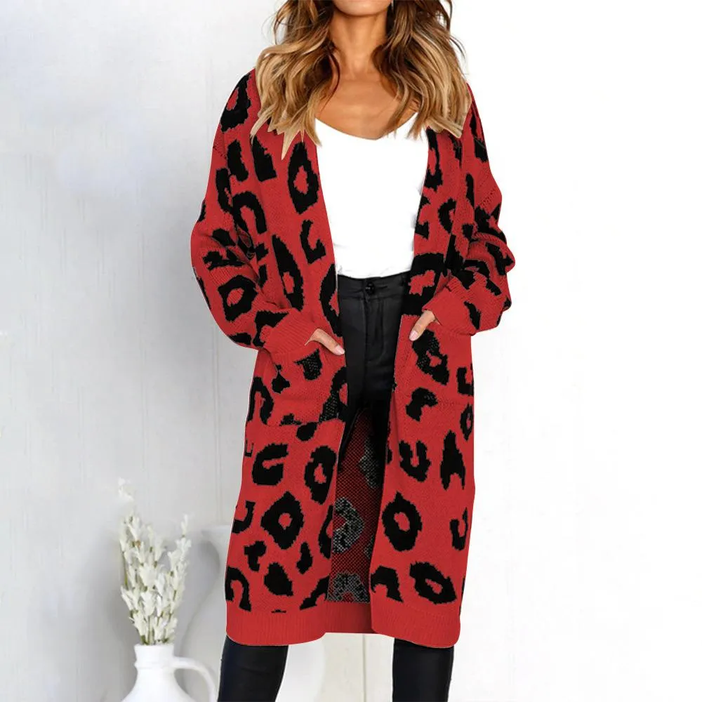 Long Sleeve Leopard Knit Loose Pocket Long Cardigan Coat