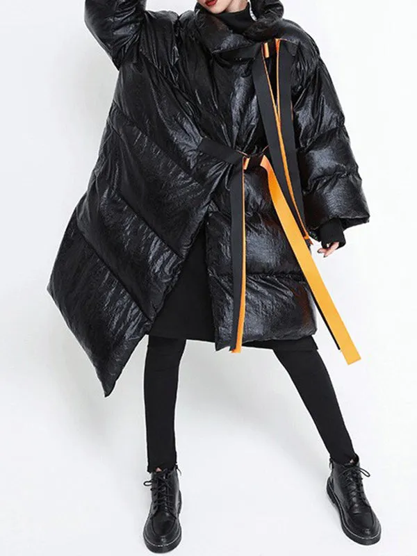 Long Sleeves Loose Asymmetric Keep Warm Tied Velvet High Neck Padded Coat Padded Coat/Down Coat