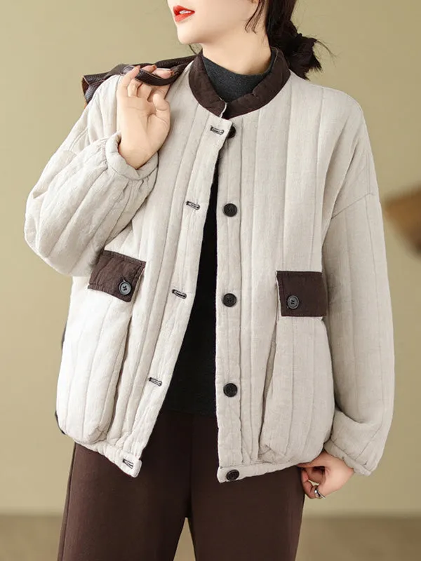 Long Sleeves Loose Buttoned Pockets Quilted Split-Joint Round-Neck Padded Coat