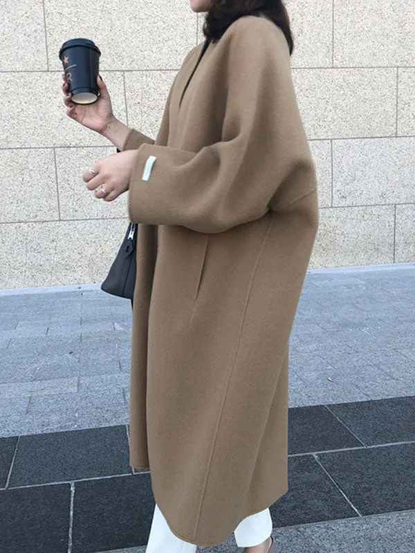 Long Sleeves Loose Solid Color Collarless Woolen Coat