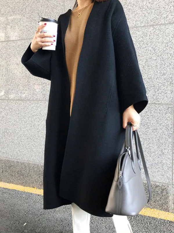 Long Sleeves Loose Solid Color Collarless Woolen Coat