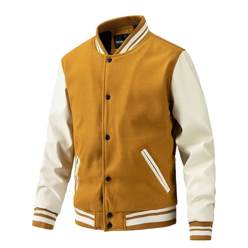 Men's Spring and Autumn New Baseball Collar Jacket with Color blocked Cotton and Large Size Woolen Jacket for Men