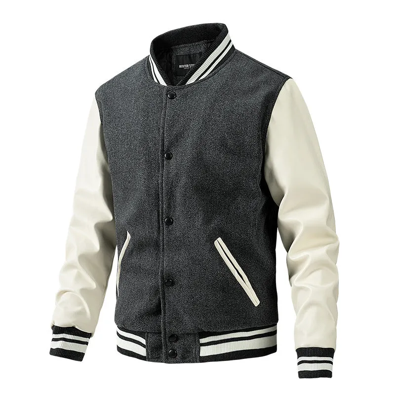 Men's Spring and Autumn New Baseball Collar Jacket with Color blocked Cotton and Large Size Woolen Jacket for Men