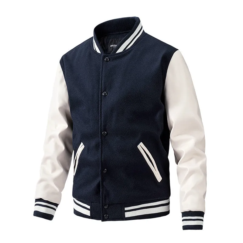 Men's Spring and Autumn New Baseball Collar Jacket with Color blocked Cotton and Large Size Woolen Jacket for Men