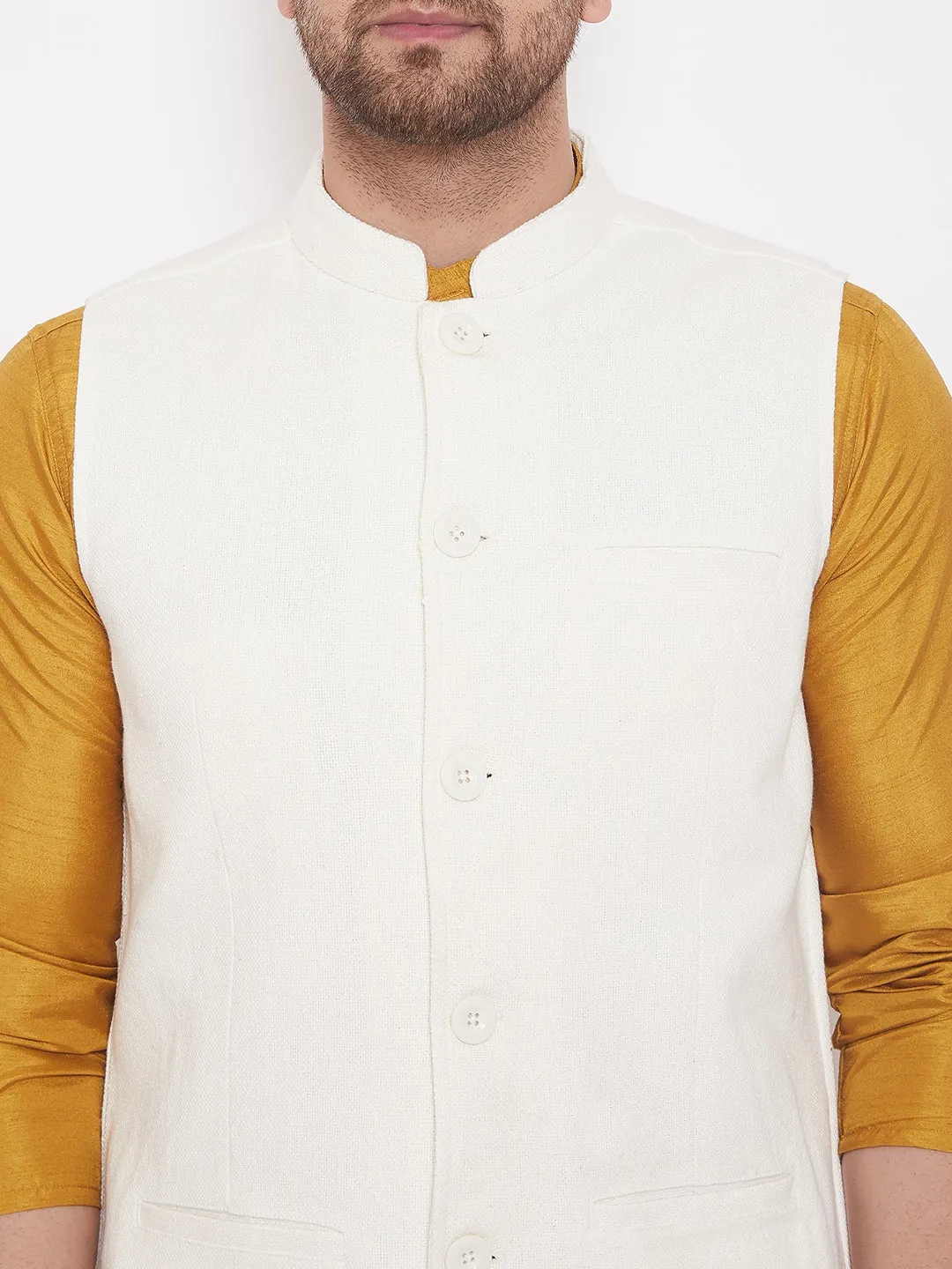 Men's White Cotton Linen Nehru Jacket - Even Apparels