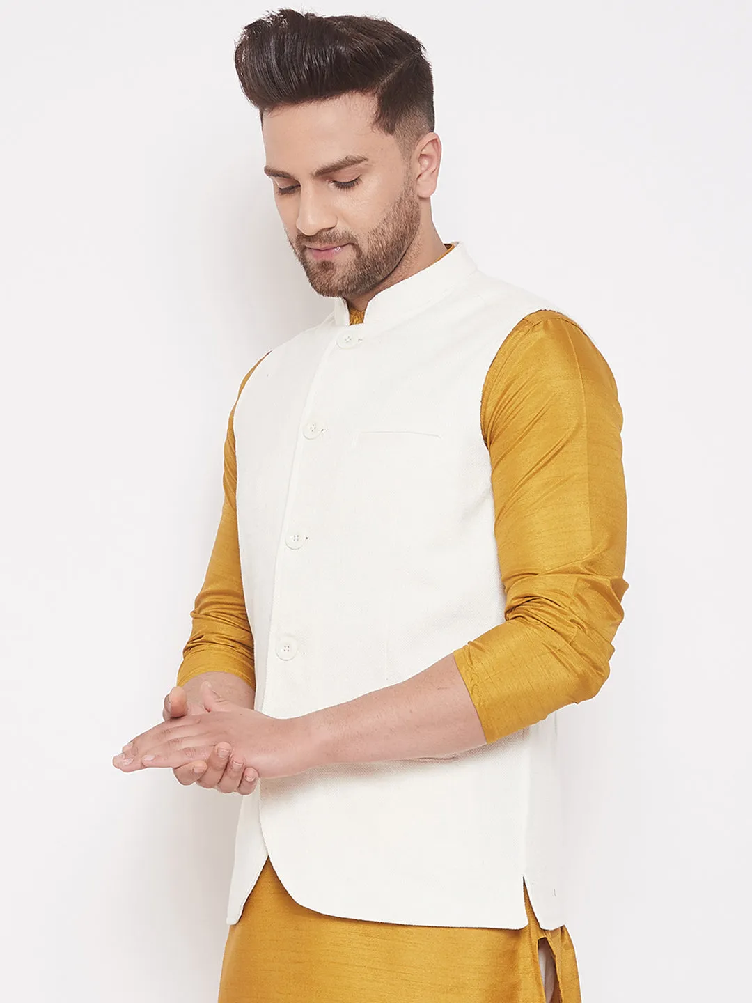 Men's White Cotton Linen Nehru Jacket - Even Apparels