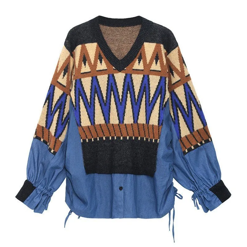 Pre Order:  Two-Piece Illusion Denim Knit Sweater