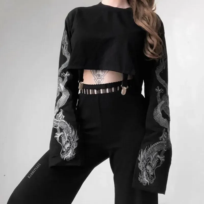 Punk Cool Girl Dragon Pattern Long Sleeve Suspenders Crew Black Crop Gothic Autumn,T-shirt