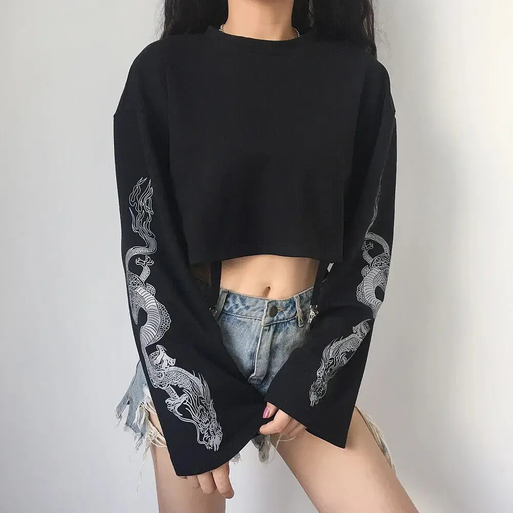 Punk Cool Girl Dragon Pattern Long Sleeve Suspenders Crew Black Crop Gothic Autumn,T-shirt