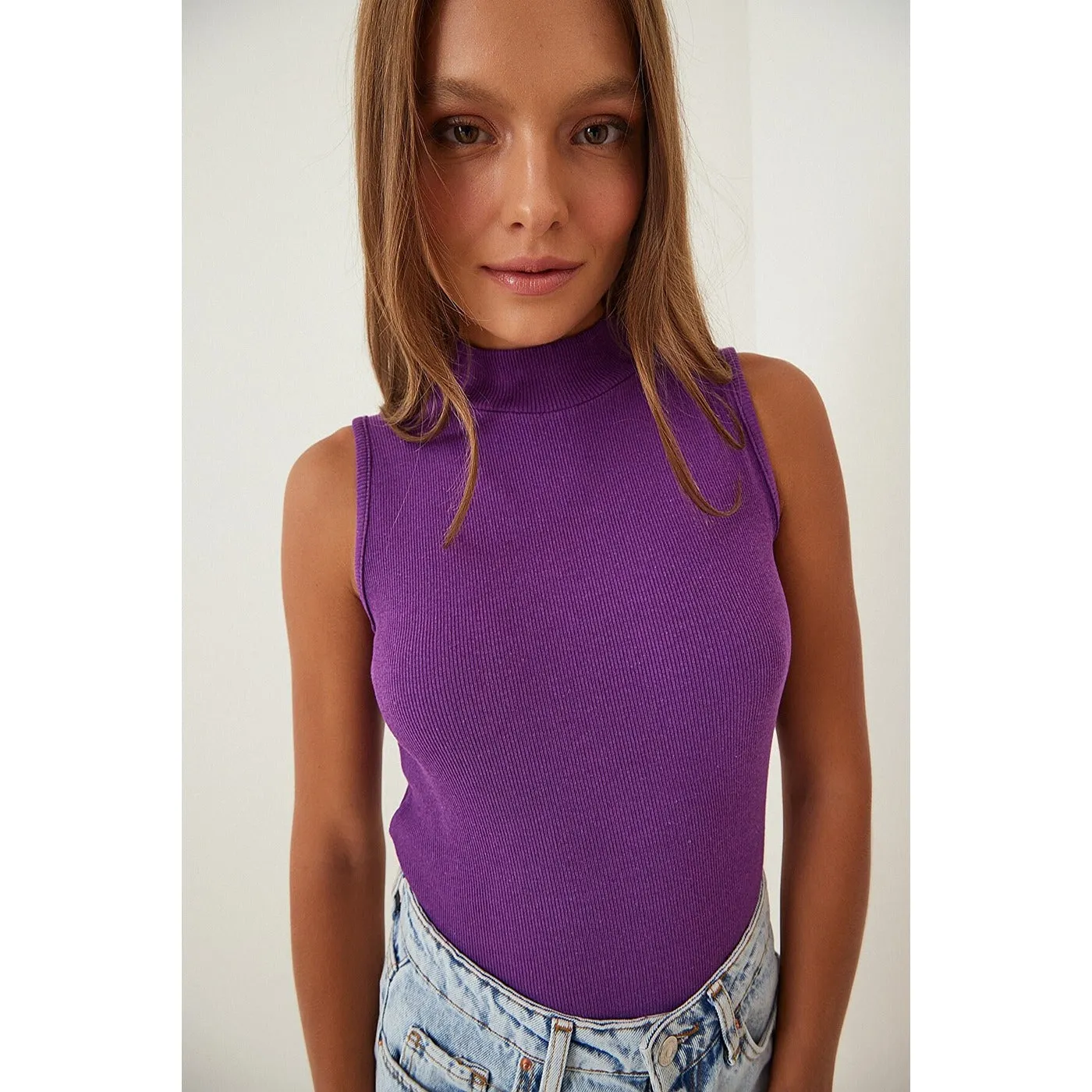 Purple Turtleneck Cotton Knitted Blouse