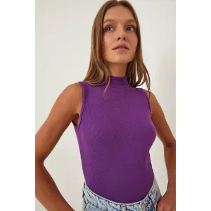 Purple Turtleneck Cotton Knitted Blouse