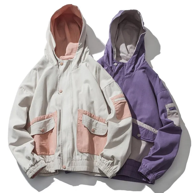 Retro Loose Patchwork Hooded Windbreaker