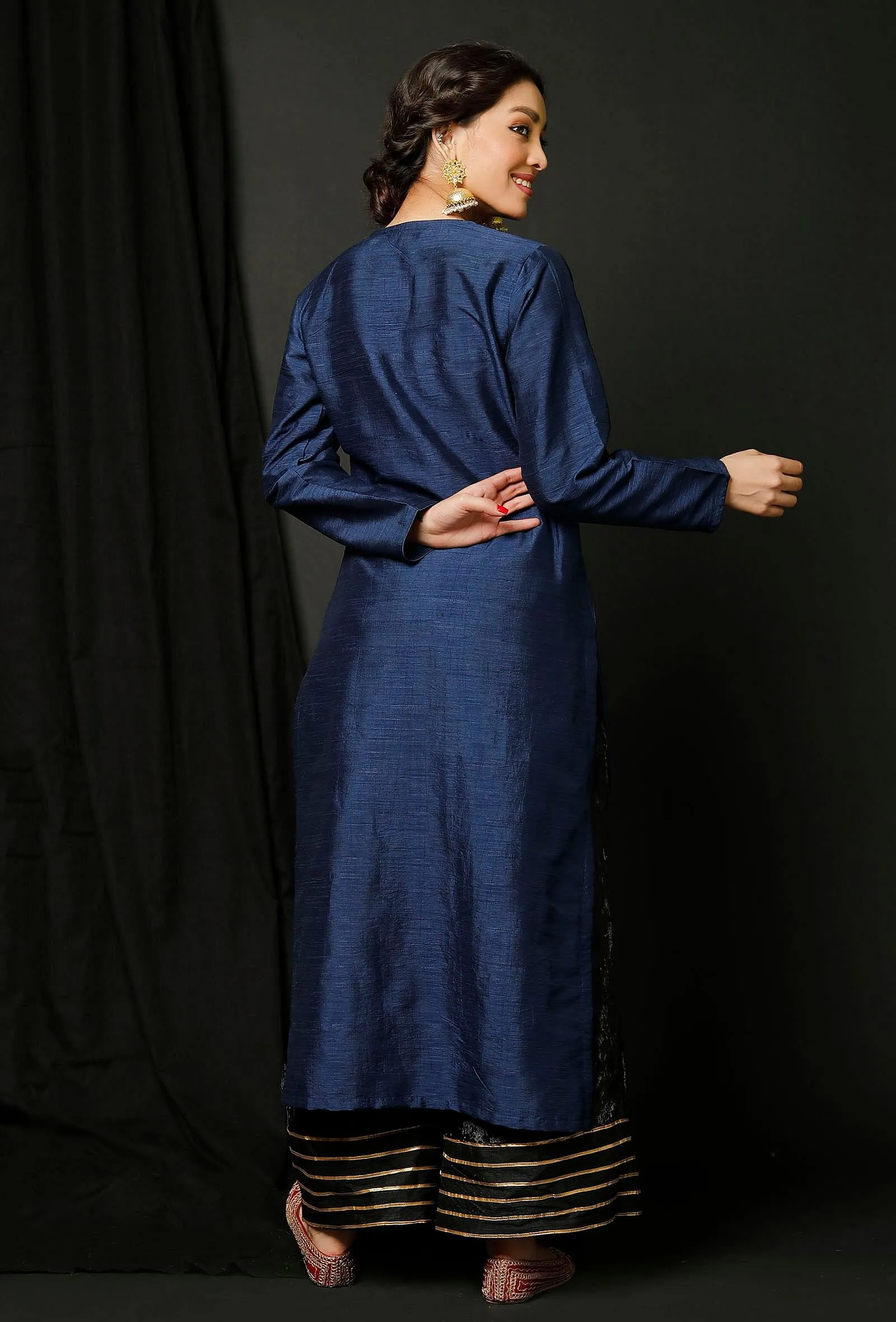 Set  of 2 : Blue Raw Silk Achkan and Black Velvet Pallazo