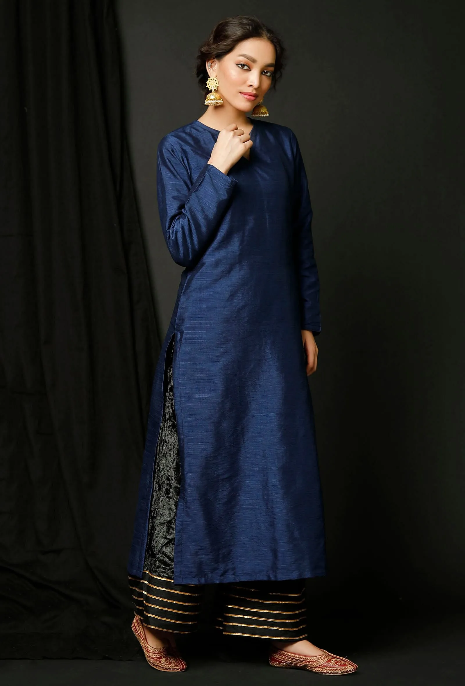 Set  of 2 : Blue Raw Silk Achkan and Black Velvet Pallazo