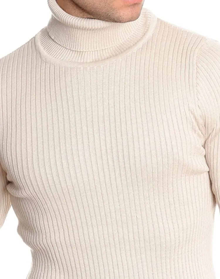 Slim Fit Ribbed Turtleneck- Light Beige