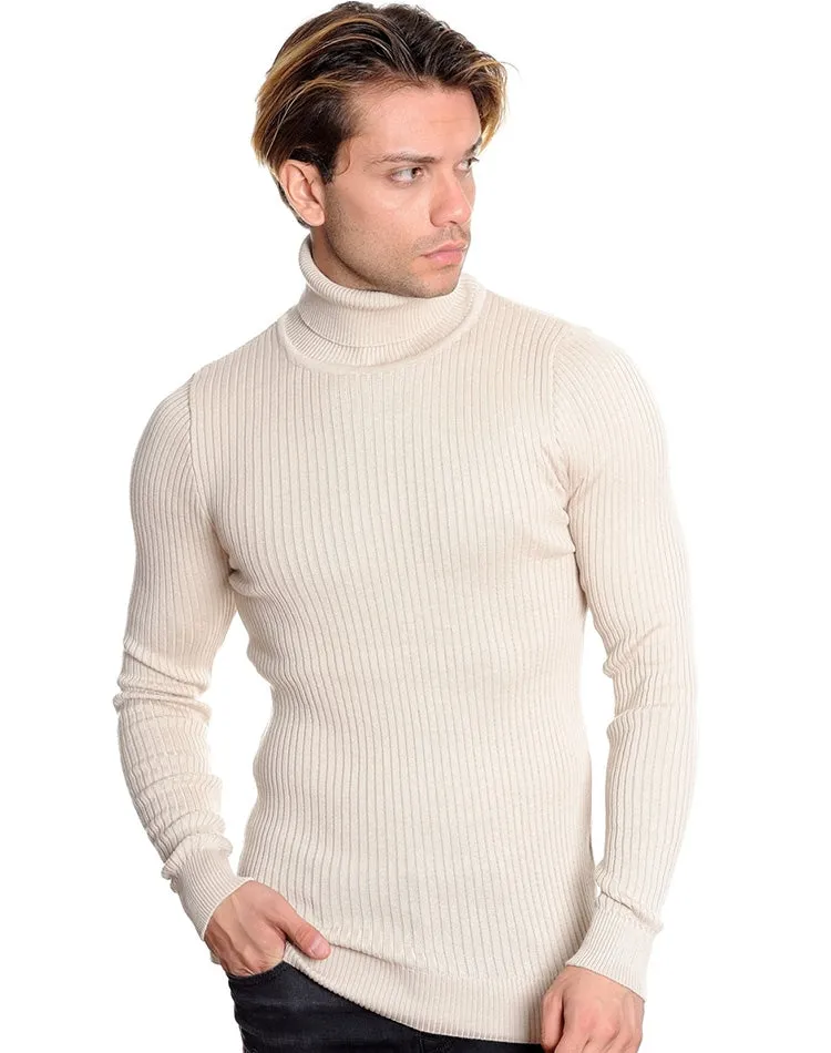 Slim Fit Ribbed Turtleneck- Light Beige