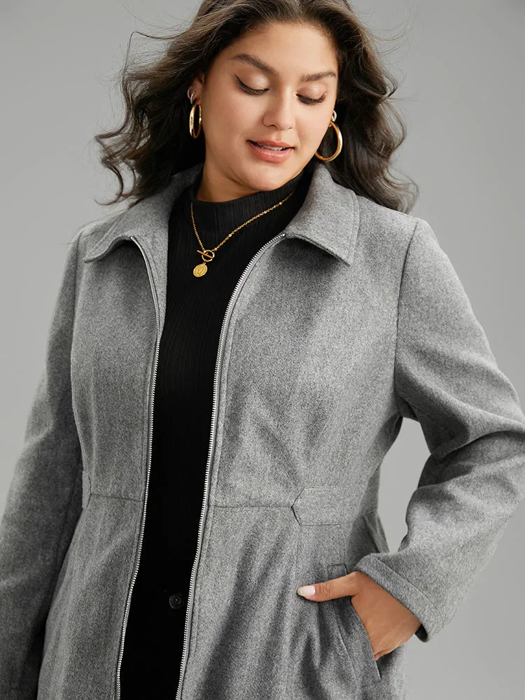 Solid Woolen Pocket Zipper Coat