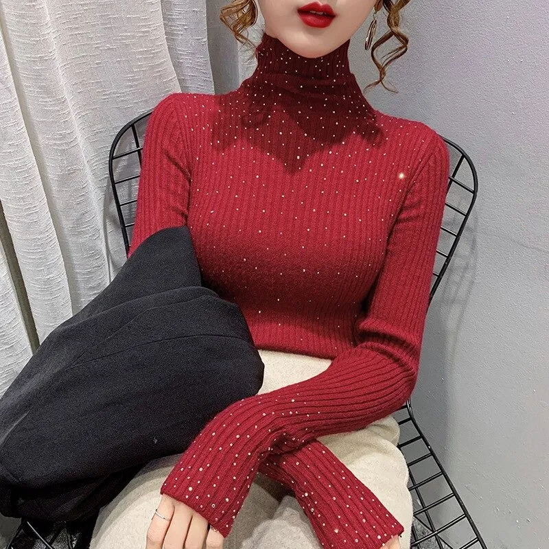 Sparkling Rhinestone Knitted Turtleneck Pullover Sweaters