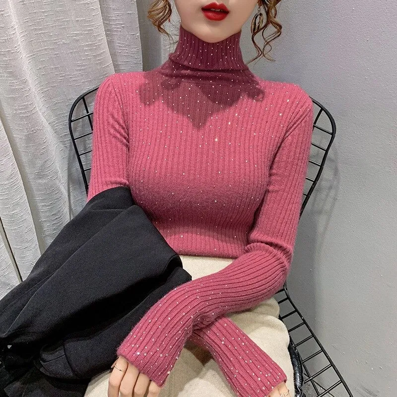 Sparkling Rhinestone Knitted Turtleneck Pullover Sweaters