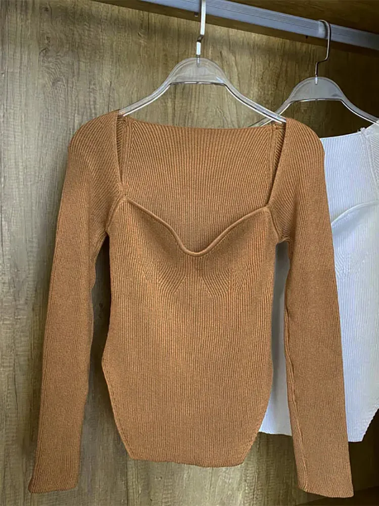 Square Collar Long Sleeve Sweaters Knitted Winter Tops Jumper