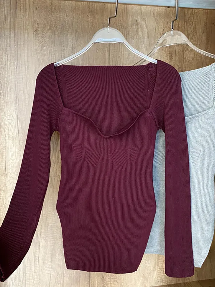 Square Collar Long Sleeve Sweaters Knitted Winter Tops Jumper