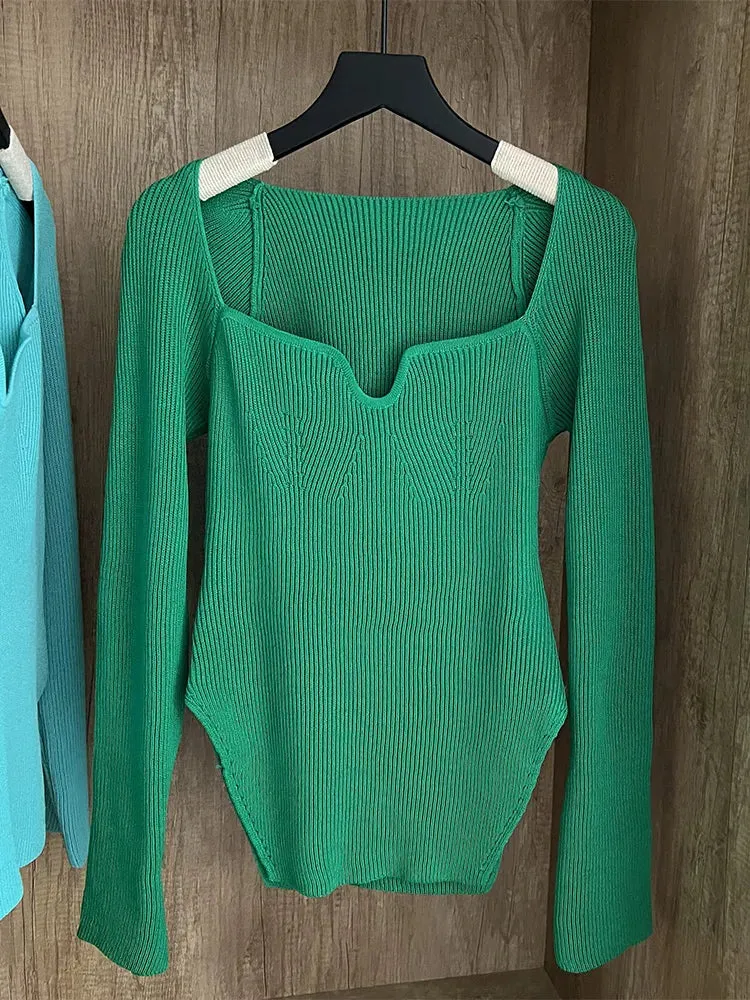 Square Collar Long Sleeve Sweaters Knitted Winter Tops Jumper